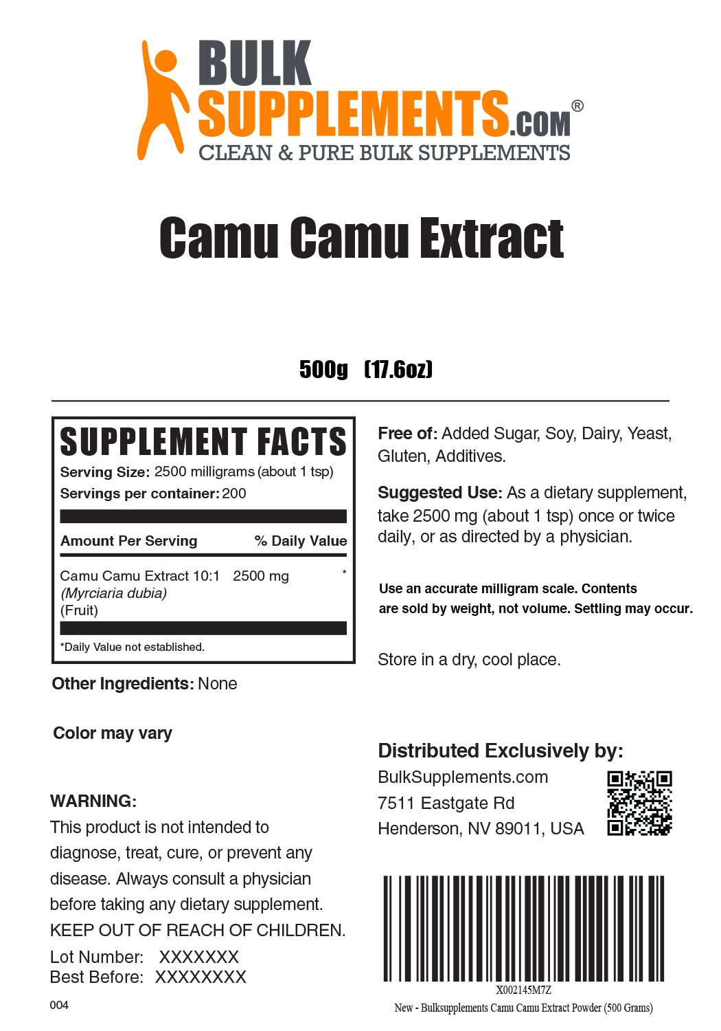 Supplement Facts Camu Camu Extract 500 grams 17.6 ounces