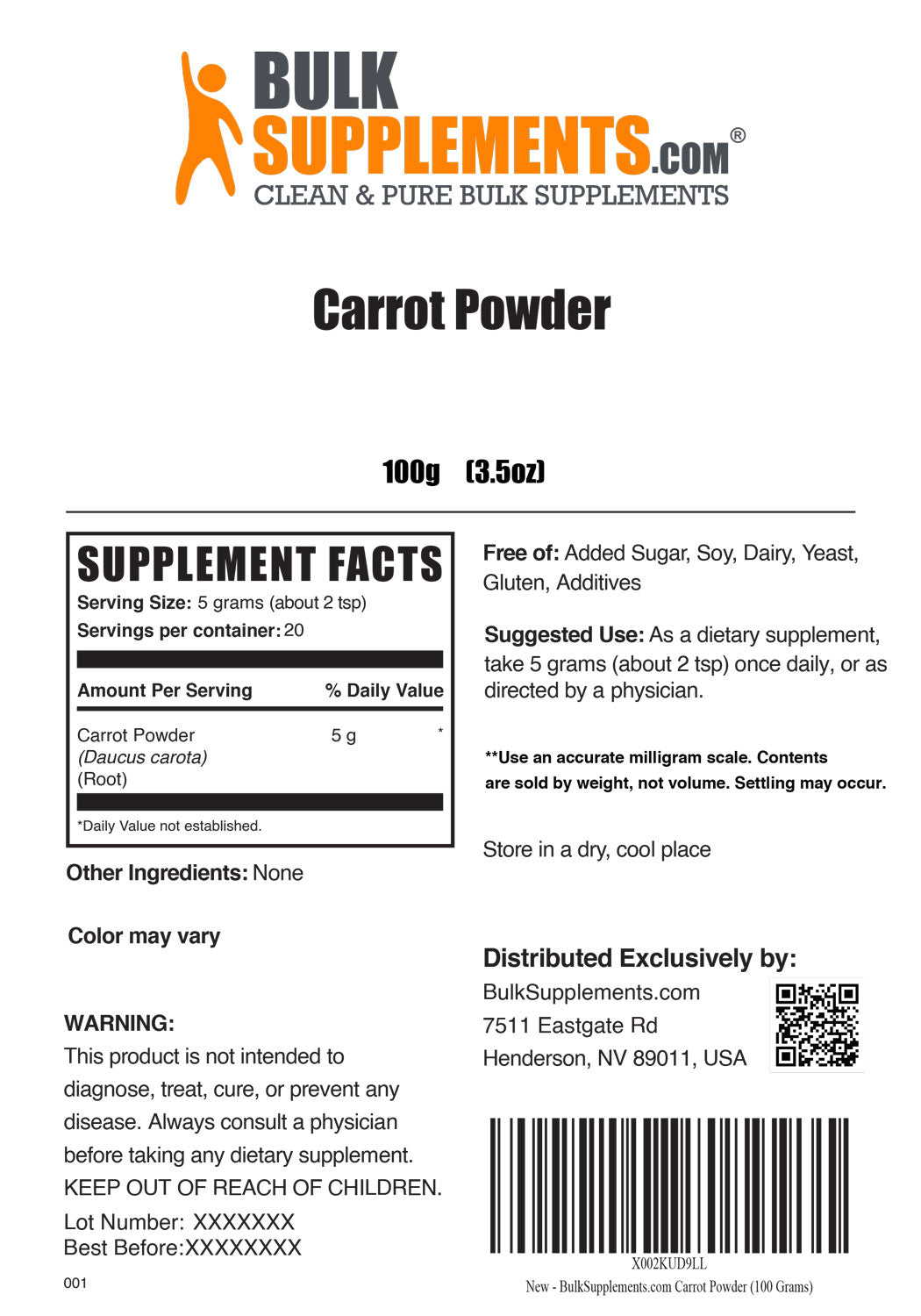 Supplement Facts Carrot Powder 100 grams 3.5 ounces