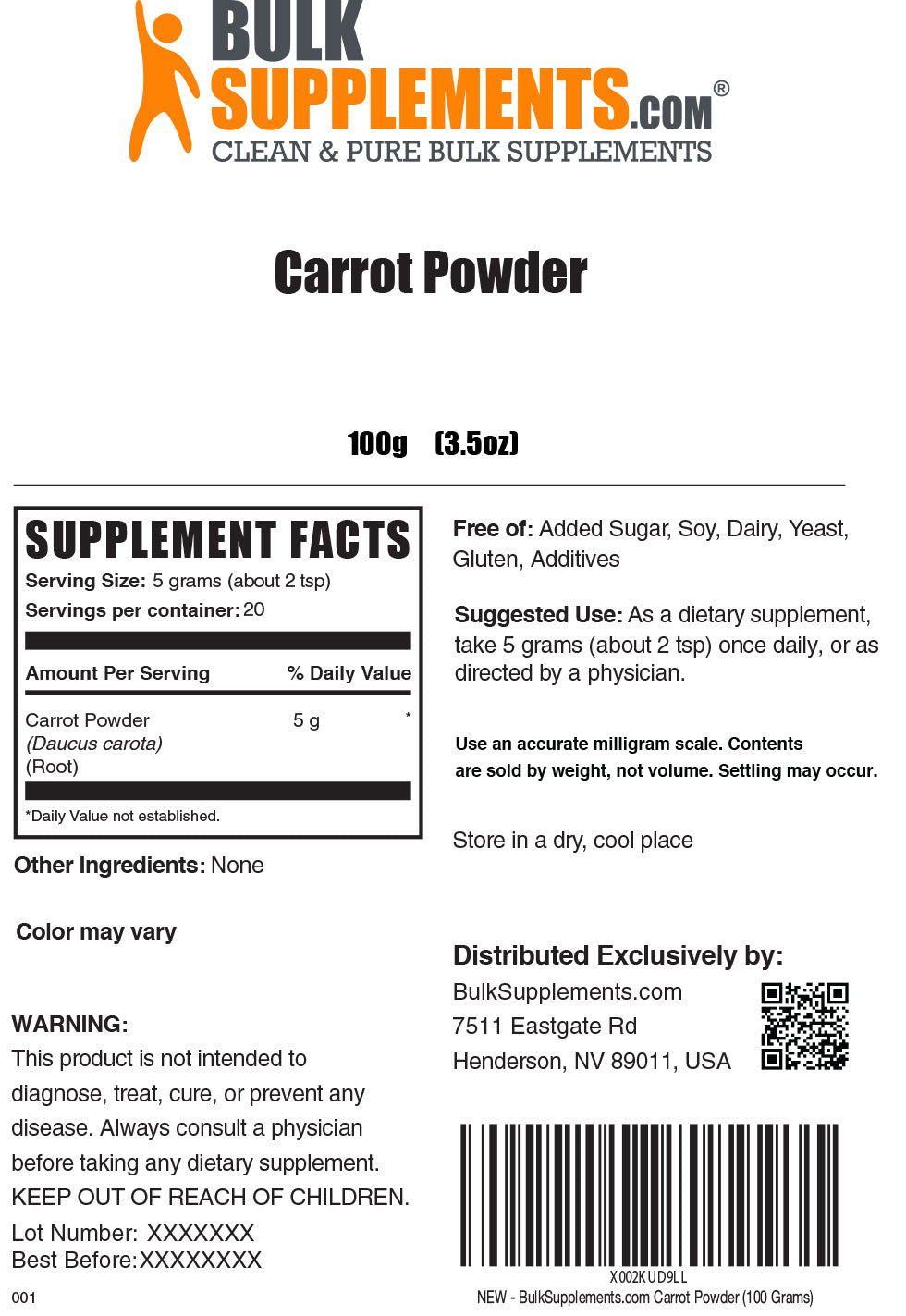 Supplement Facts Carrot Powder 100 Grams 3.5 ounces