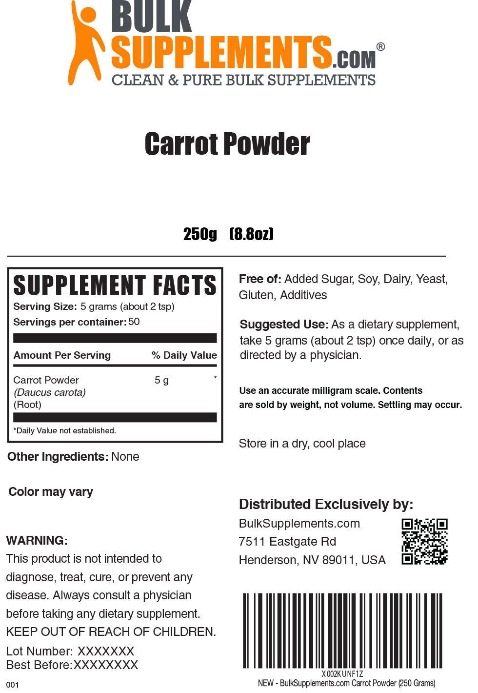 Supplement Facts Carrot Powder 250 grams 8.8 ounces