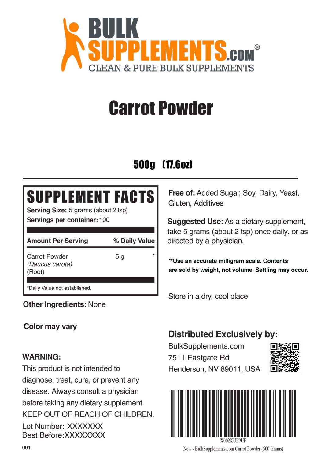 Supplement Facts Carrot Powder 500 grams 17.6 ounces