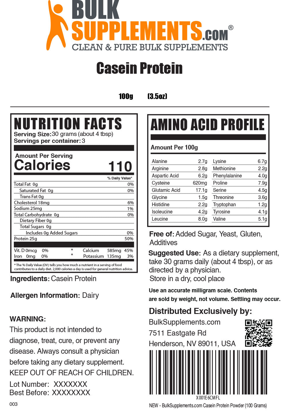 100g casein protein powder supplement facts label