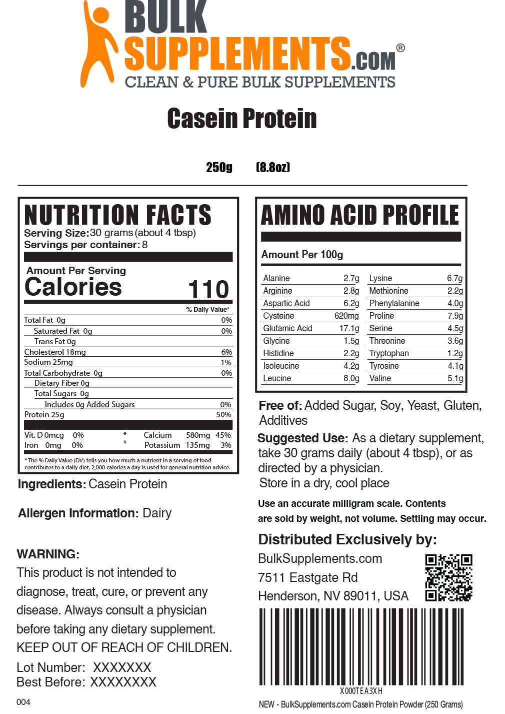 500g casein protein powder supplement facts label