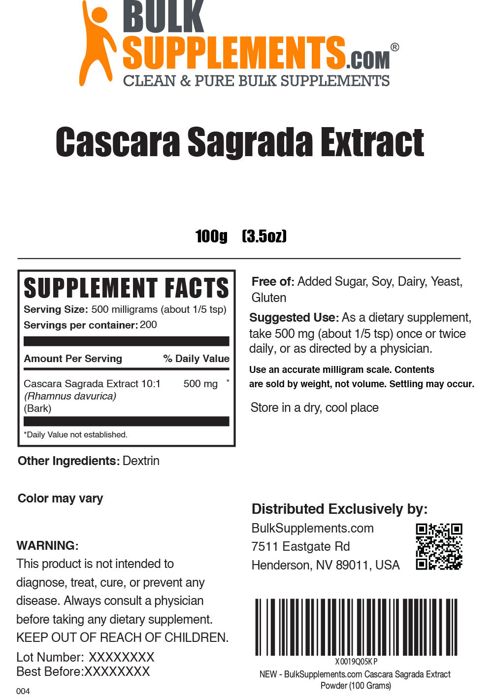 Supplement Facts Cascara Sagrada Extract 100 grams 3.5 ounces