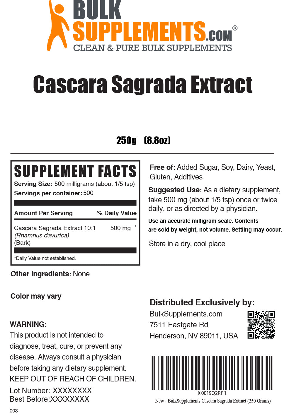 Supplement Facts Cascara Sagrada Extract 250 grams 8.8 ounces