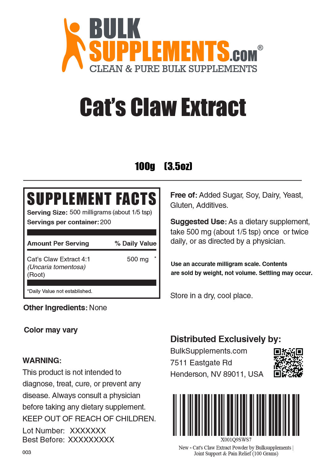 Supplement Facts Cat's Claw Extract 100 grams 3.5 ounces
