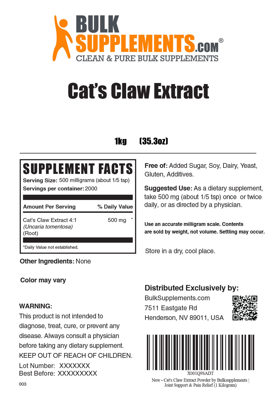 Supplement Facts Cat's Claw Extract 1 Kilogram 35.3 ounces