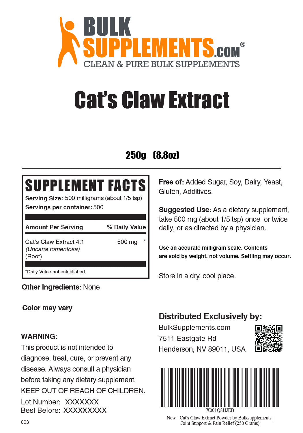 Supplement Facts Cat's Claw Extract 250 grams 8.8 ounces