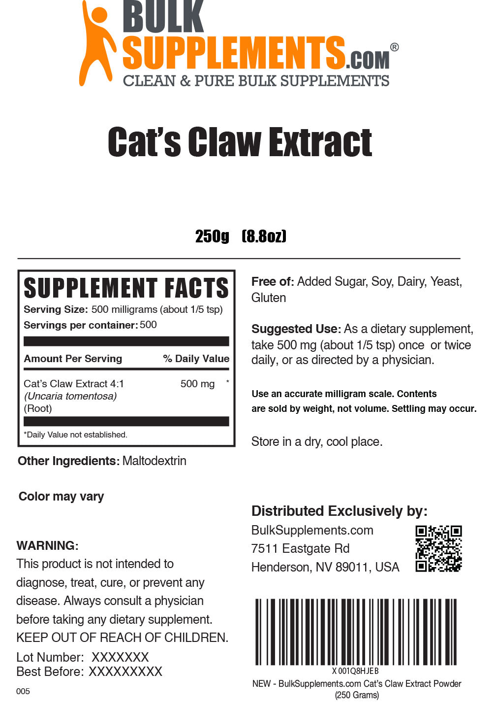 Supplement Facts Cat's Claw Extract 250 grams 8.8 ounces