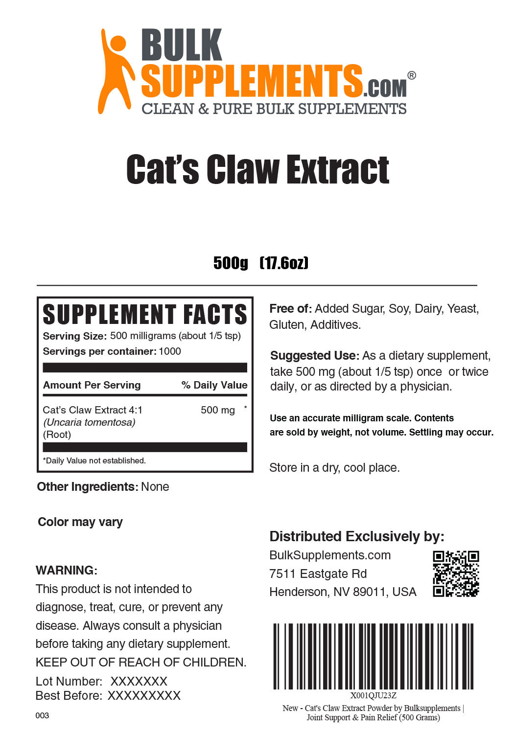 Supplement Facts Cat's Claw Extract 500 grams 17.6 ounces