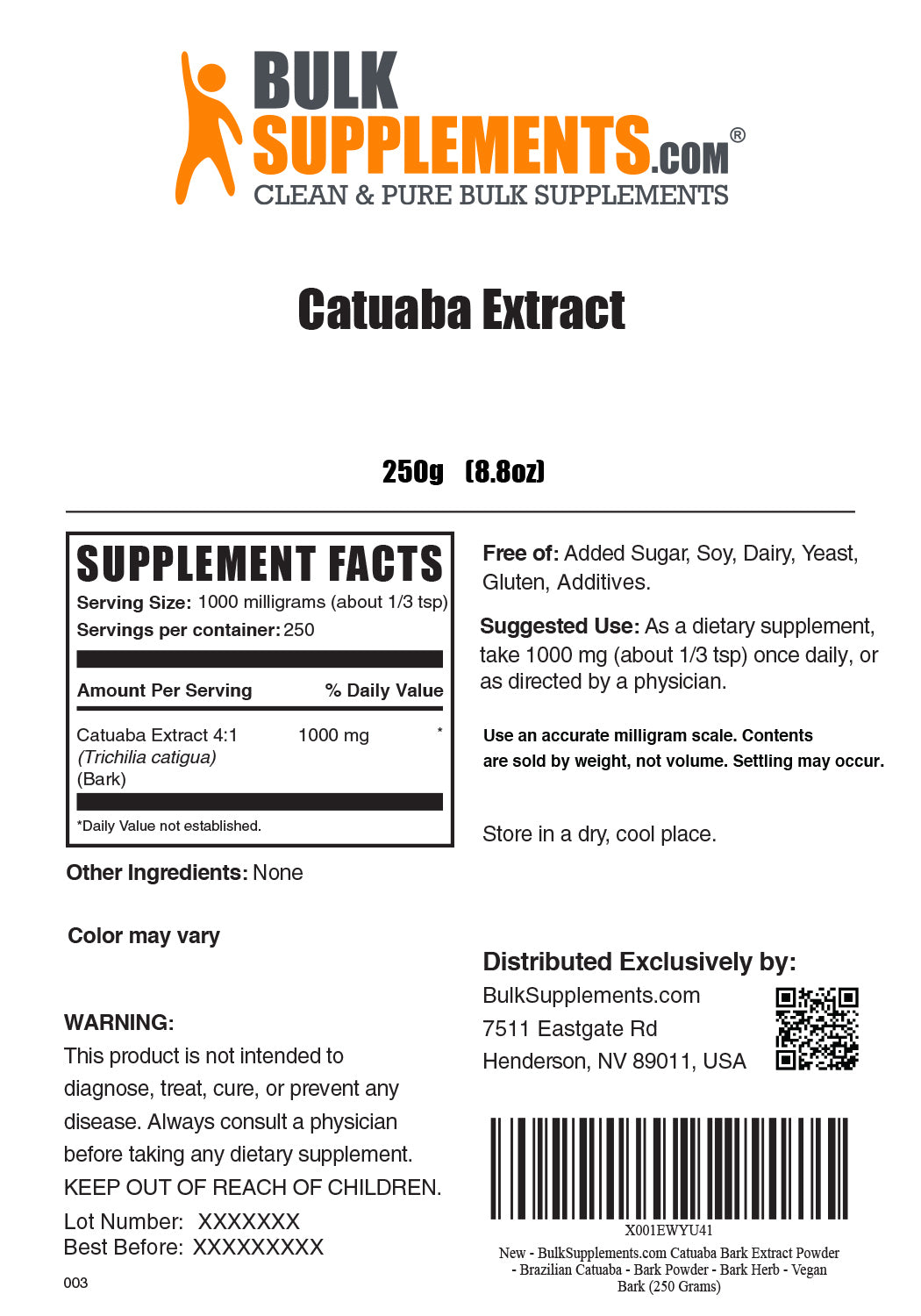 Supplement Facts Catuaba Extract 250 grams 8.8 ounces