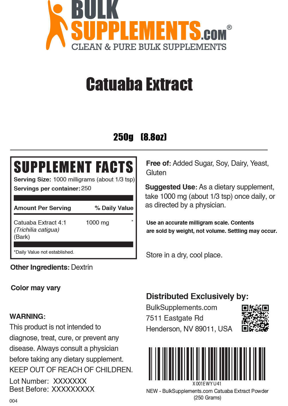 Supplement Facts Catuaba Extract 250 grams 8.8 ounces