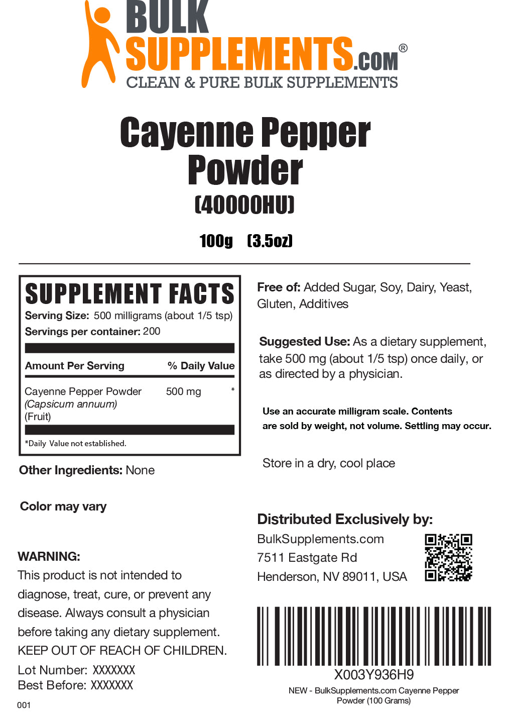 Supplement Facts Cayenne Pepper Powder 40000 HU