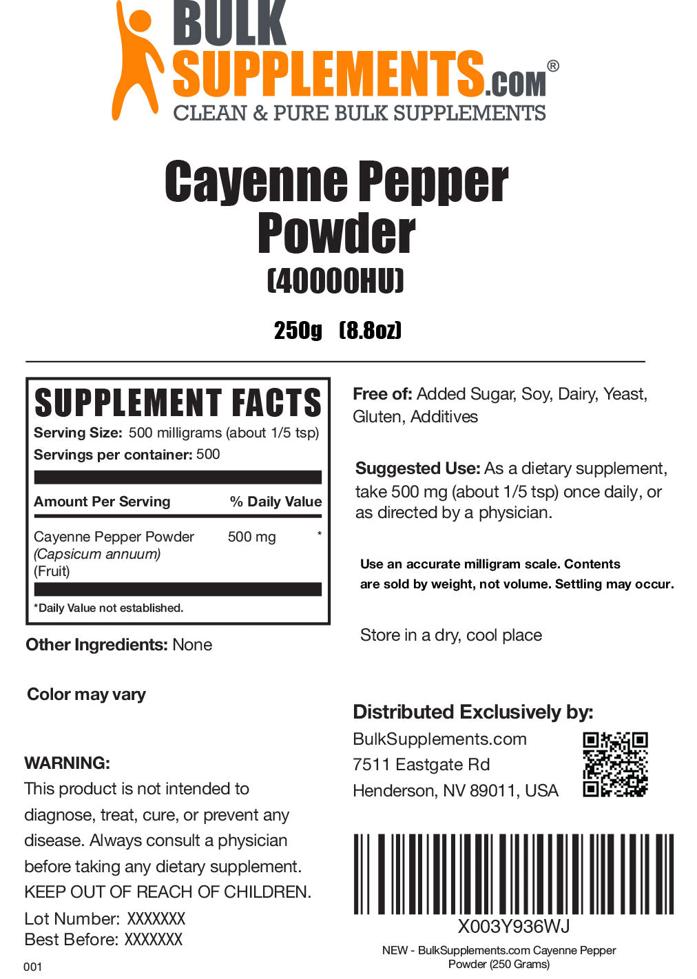 Supplement Facts Cayenne Pepper Powder 