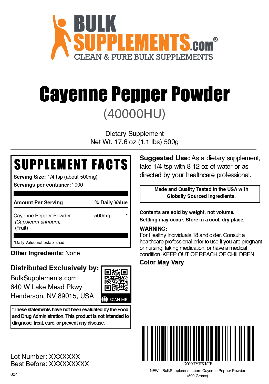 Cayenne pepper 40000 HU powder label 500g