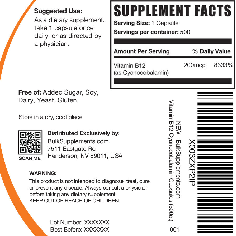 Vitamin B12 200mcg (1% Cyanocobalamin) 500 capsules label
