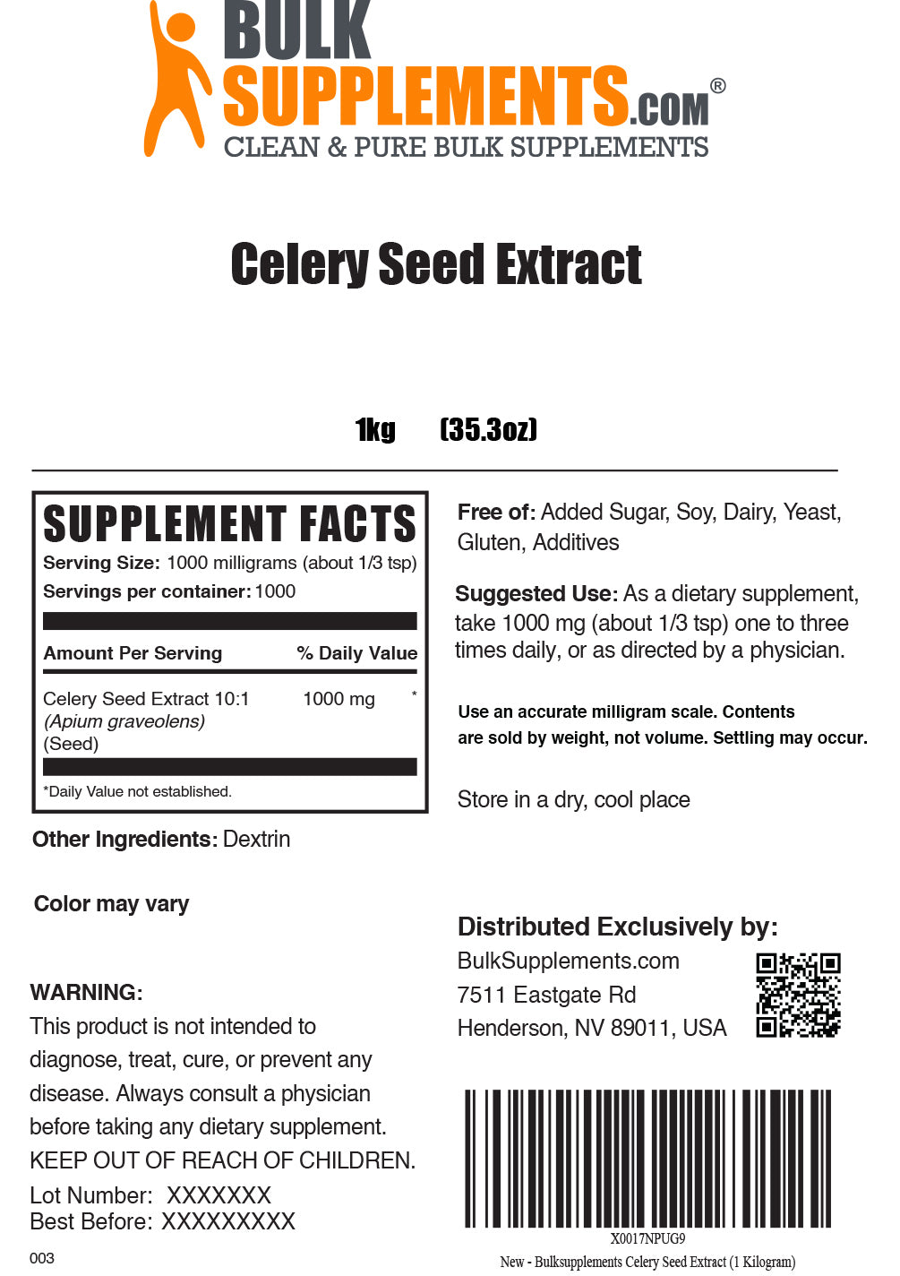 1kg celery seed extract supplement facts label