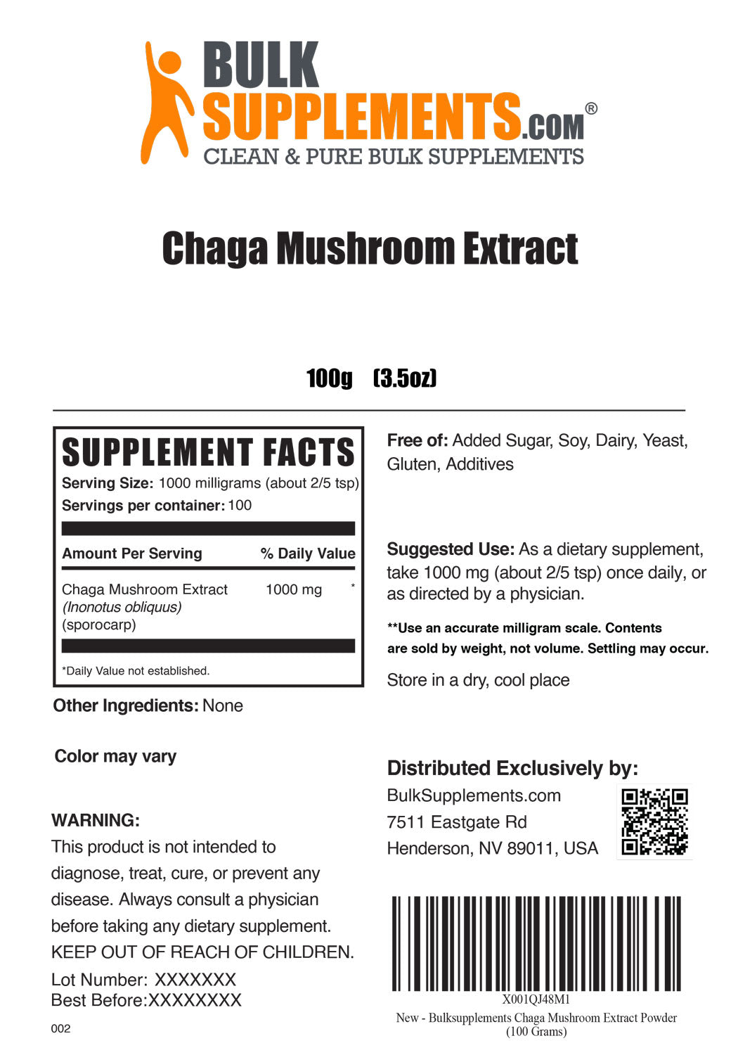 Supplement Facts Chaga Mushroom Extract 100 grams 3.5 ounces