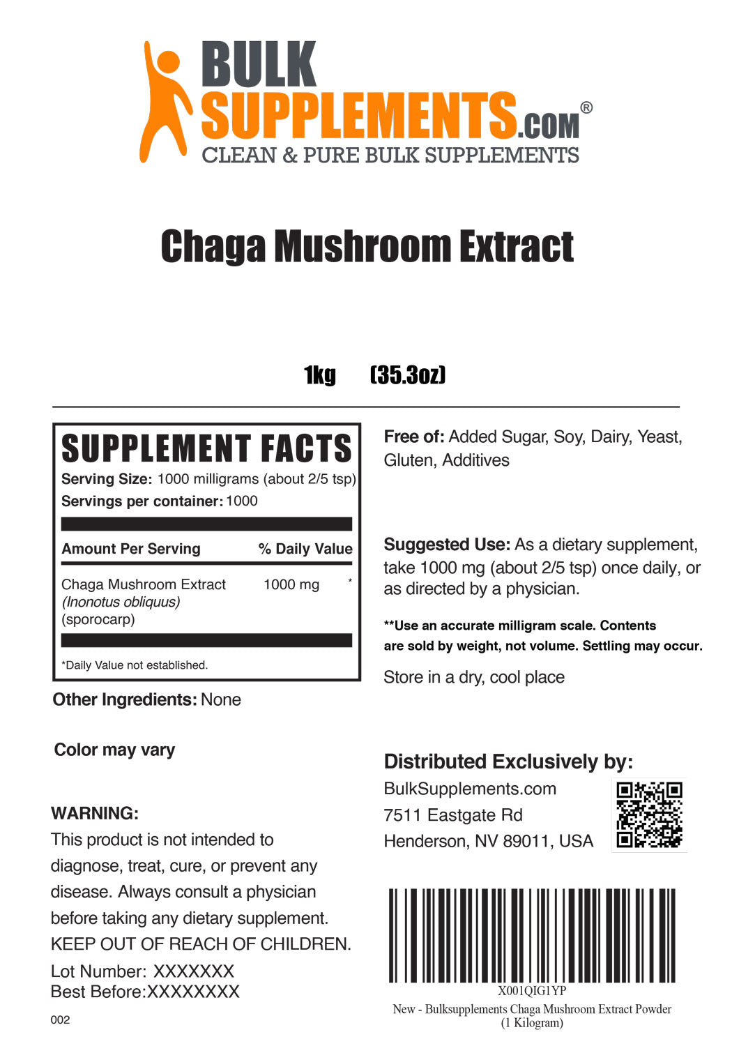 Supplement Facts Chaga Mushroom Extract 1 Kilogram 35.3 ounces