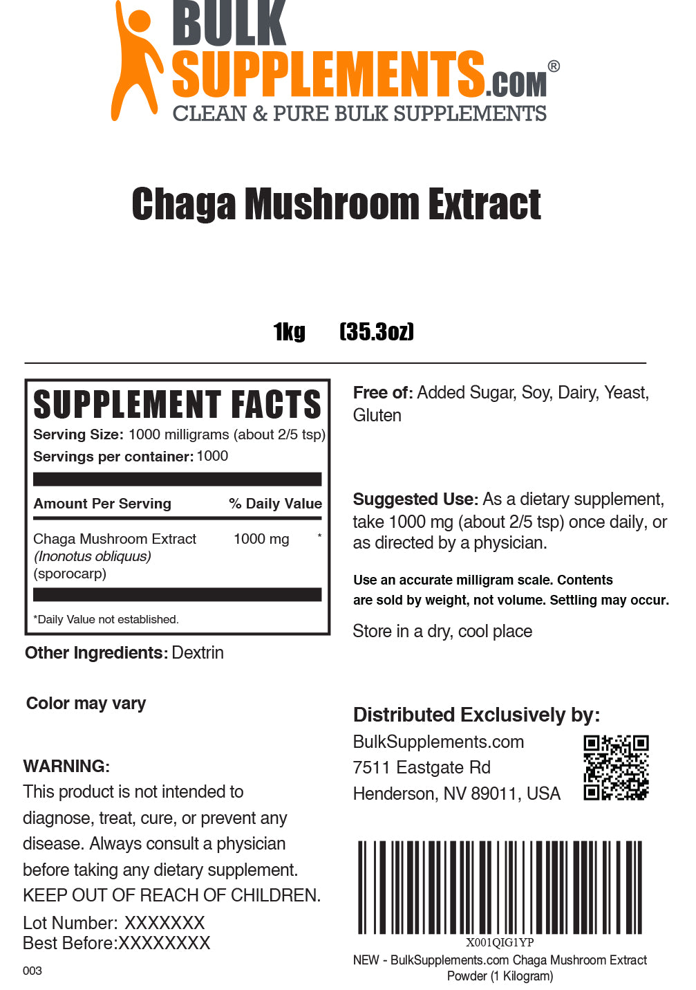 Supplement Facts Chaga Mushroom Extract 1 kilogram 35.3 ounces