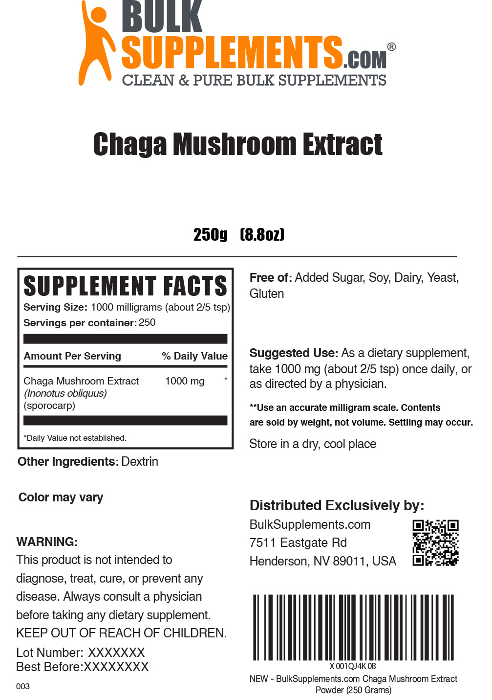 Chaga Mushroom Extract powder label 250g