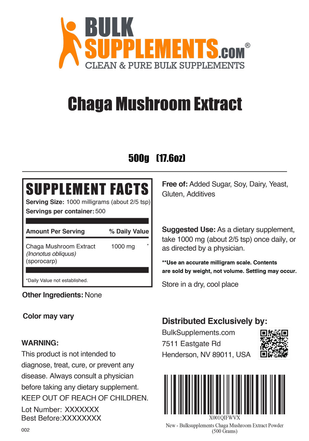 Supplement Facts Chaga Mushroom Extract 500 grams 17.6 ounces