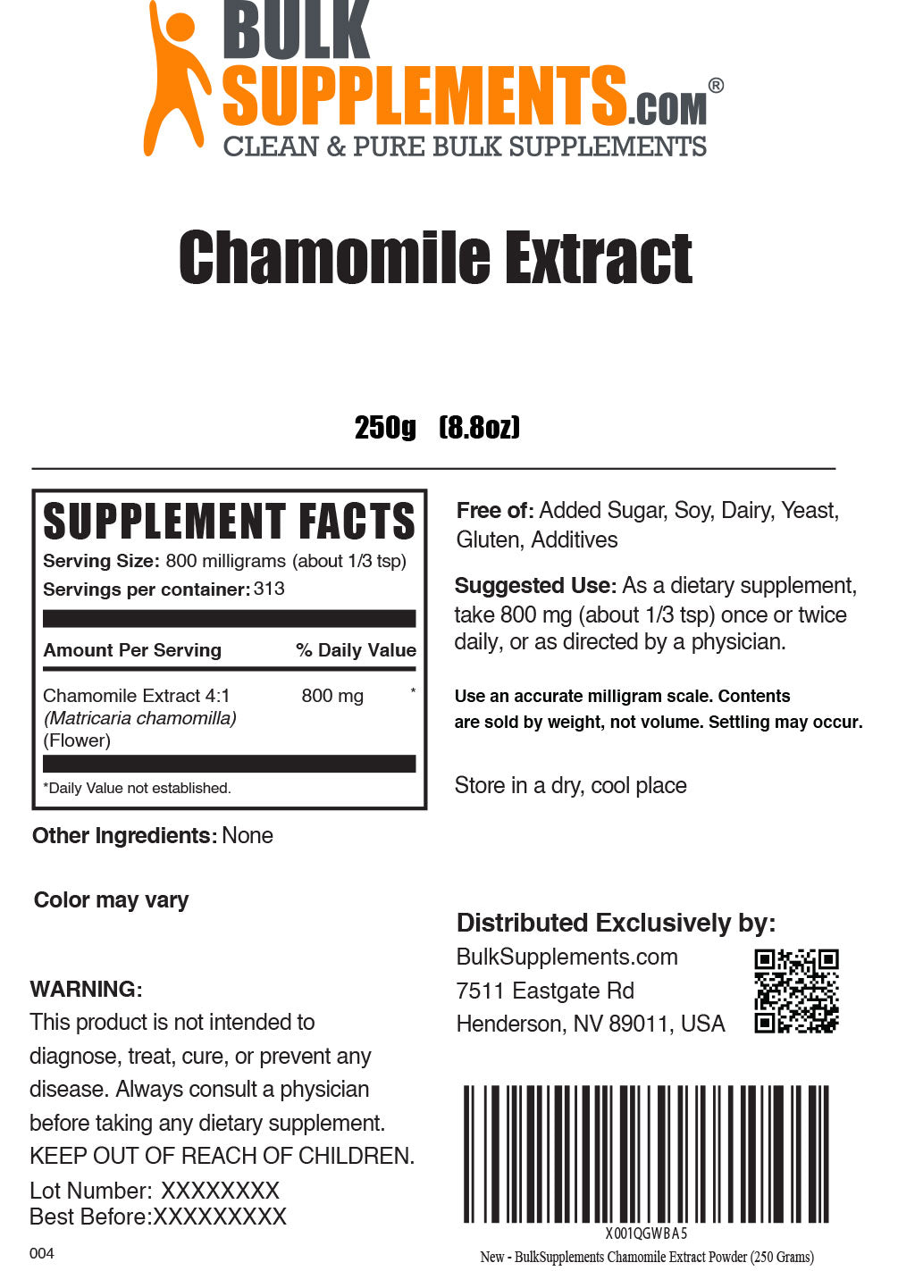 250g of chamomile extract supplement facts label