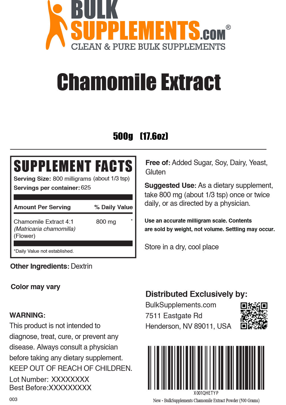 500g of chamomile extract supplement facts label