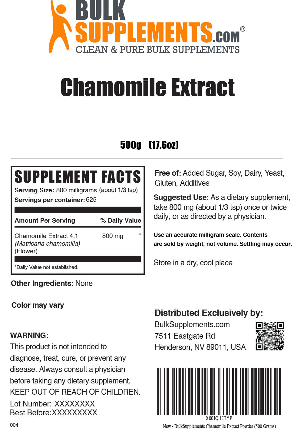 500g of chamomile extract supplement facts label