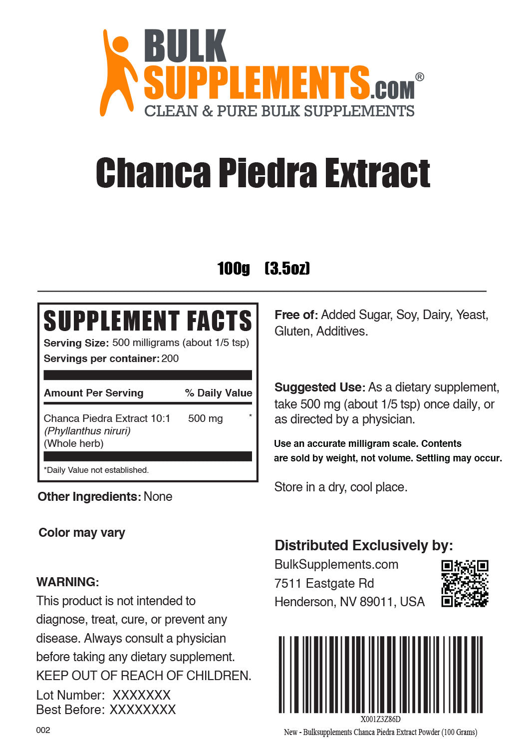 Supplement Facts Chance Piedra Extract 100 grams 3.5 ounces