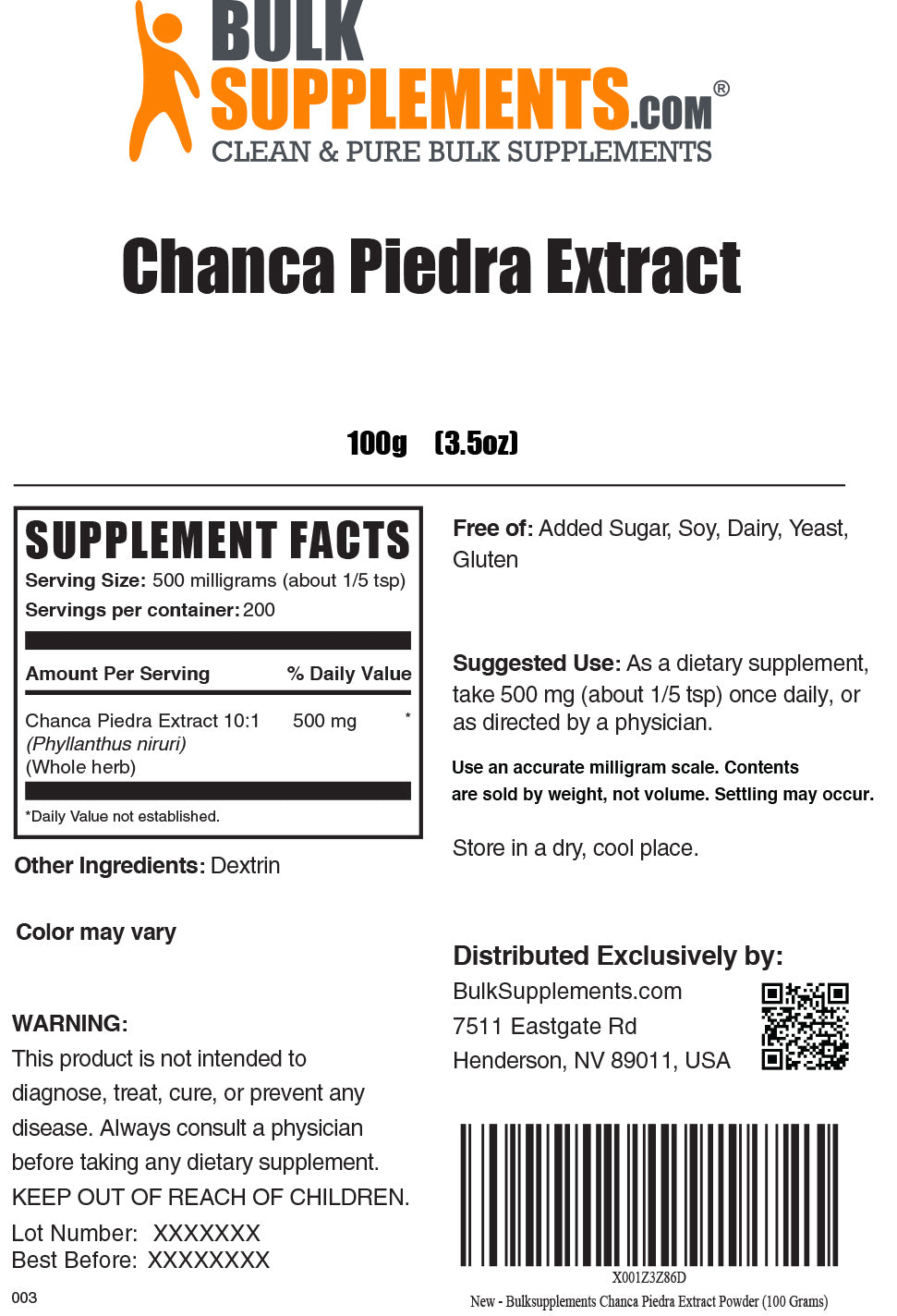 Supplement Facts Chance Piedra Extract 100 grams 3.5 ounces