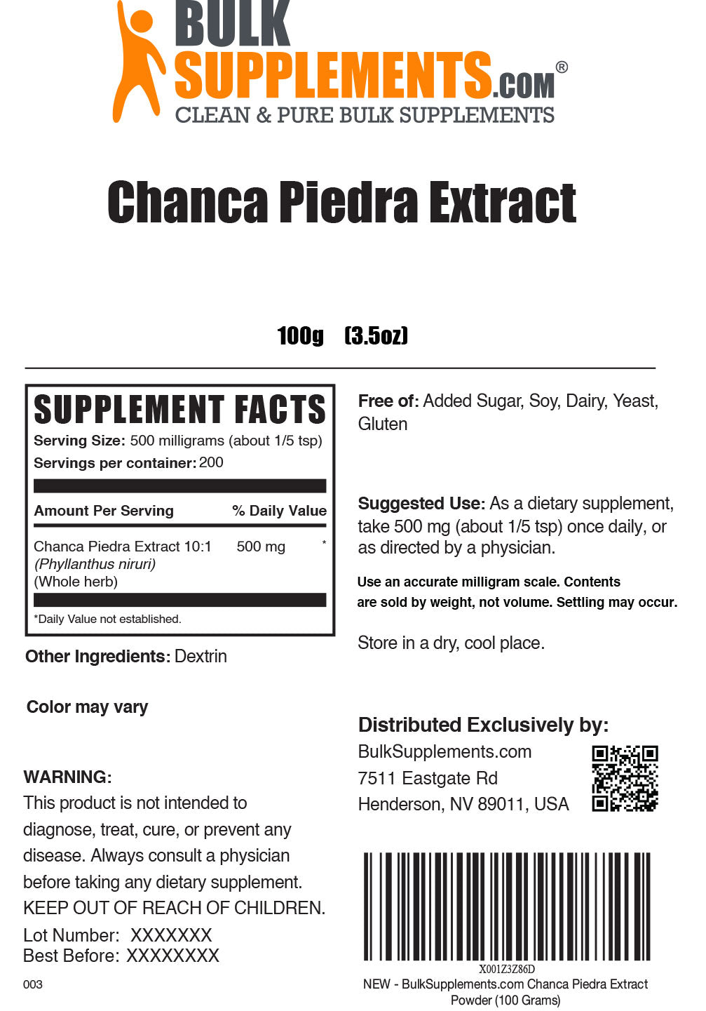 Supplement Facts Chance Piedra Extract 100 Grams 3.5 ounces