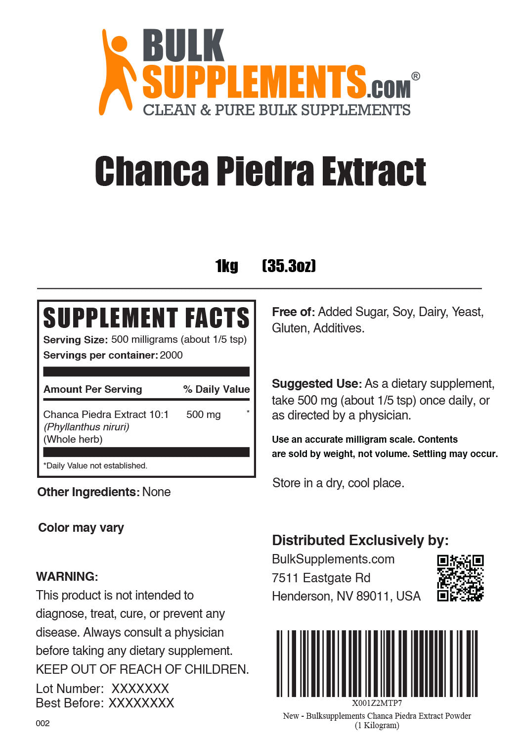 Supplement Facts Chance Piedra Extract 1 Kilogram 35.3 ounces