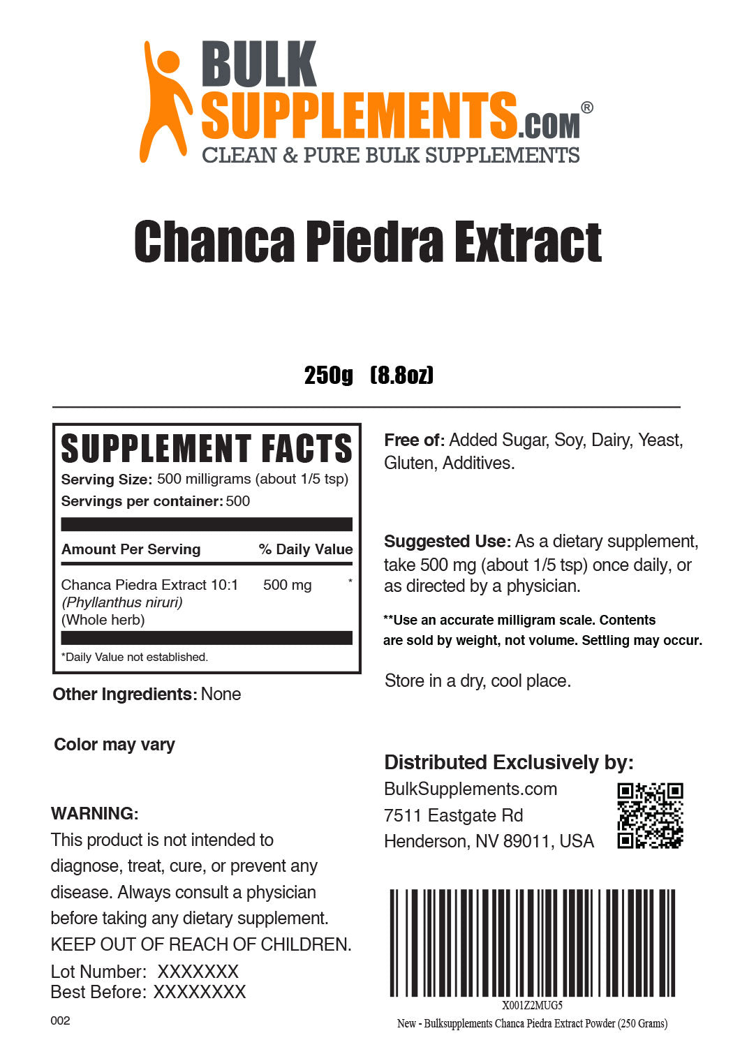 Supplement Facts Chance Piedra Extract 250 grams 8.8 ounces