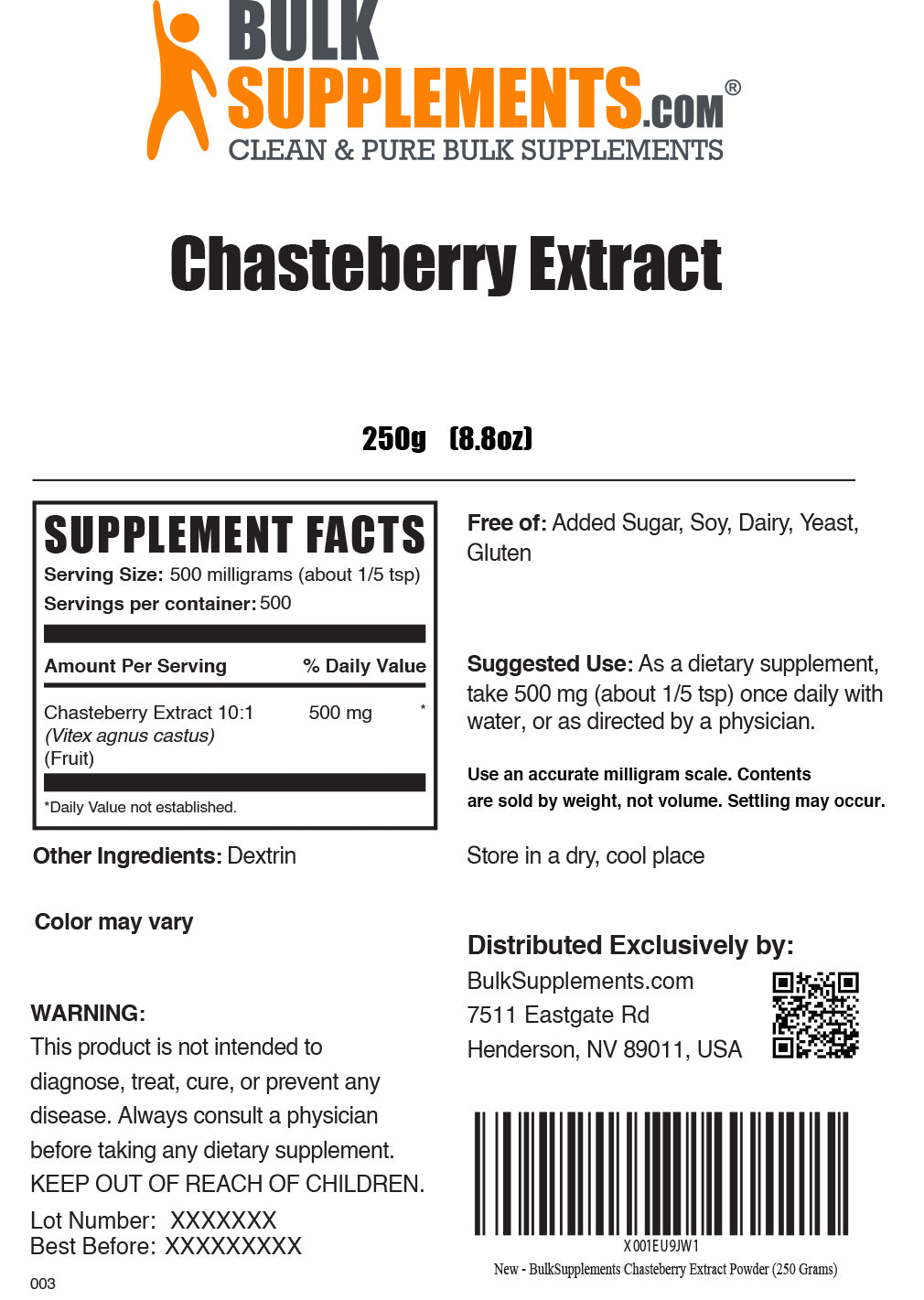 250g chasteberry estrogen supplement for women supplement facts label