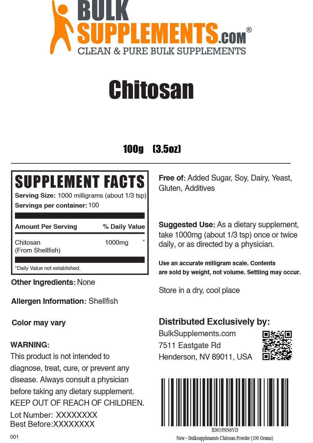100g chitosan supplement facts label