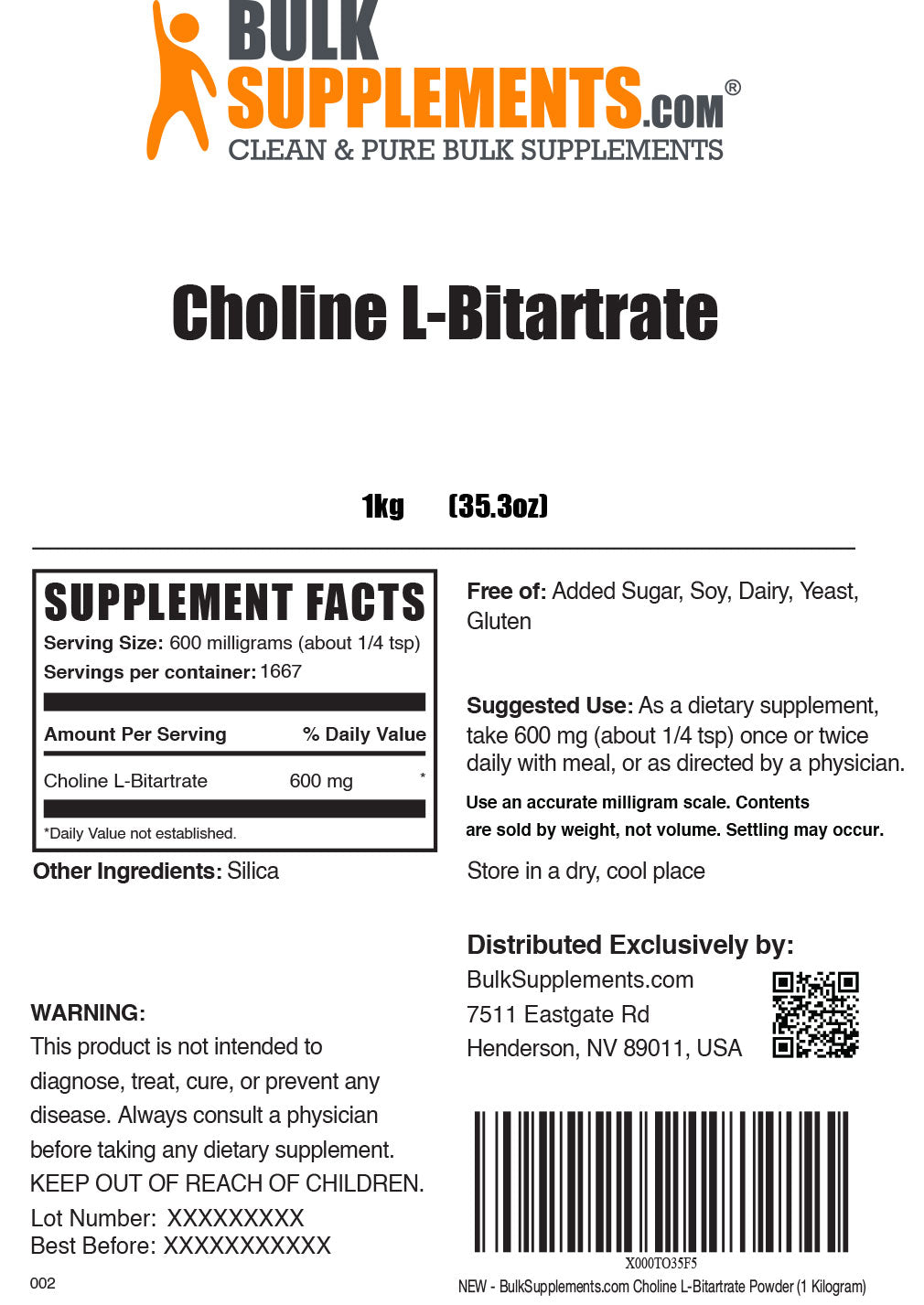 1kg choline supplement facts label