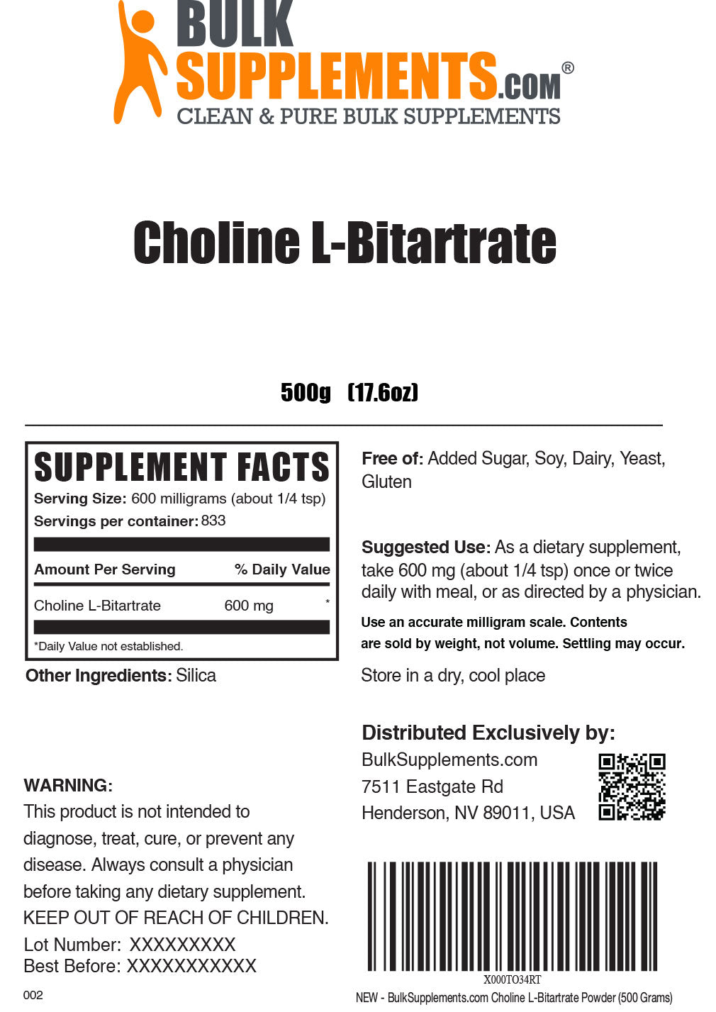 500g choline supplement facts label