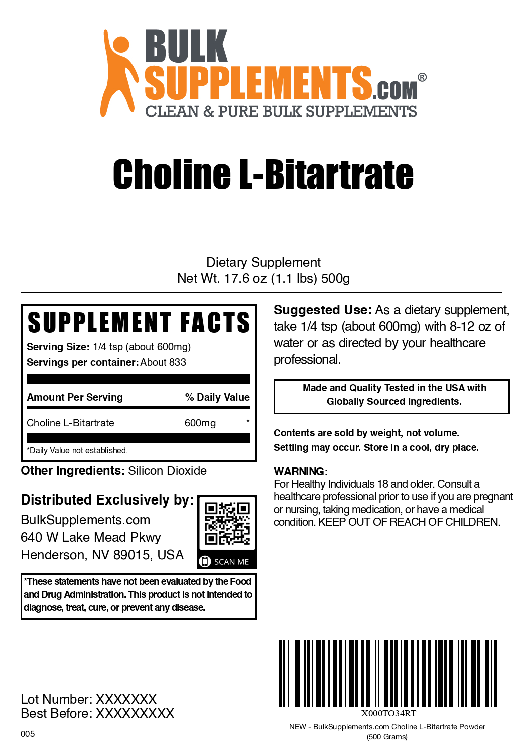 Choline L-Bitartrate Powder 500g Bag Label