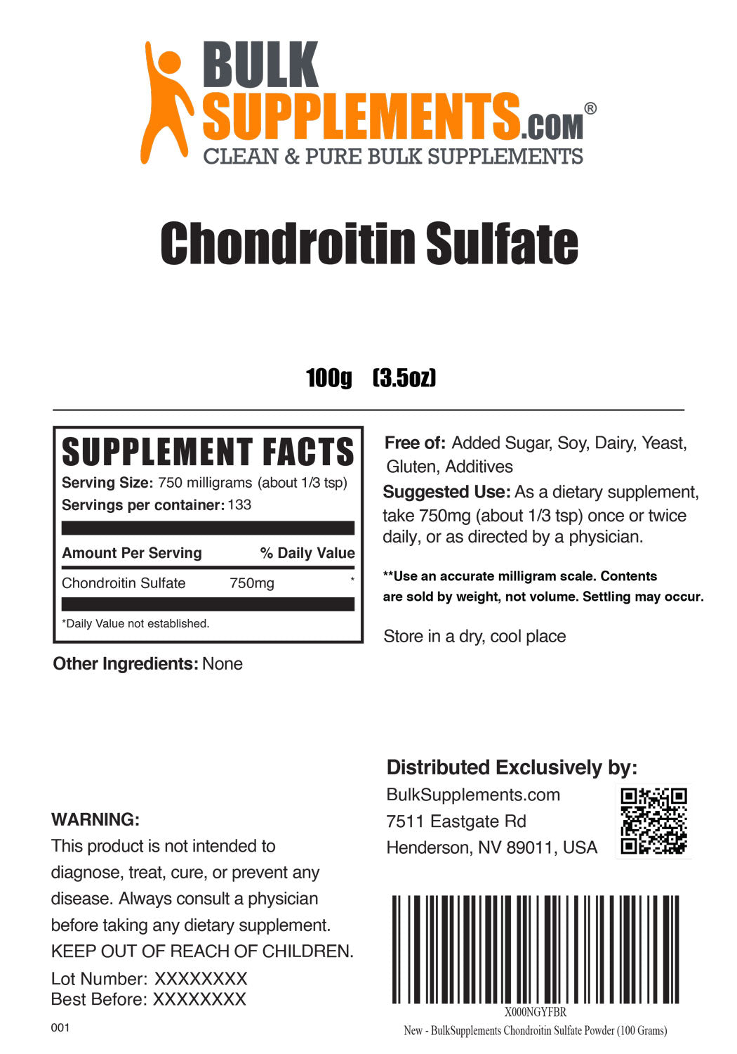 Supplement Facts Chondroitin Sulfate 100 grams 3.5 ounces
