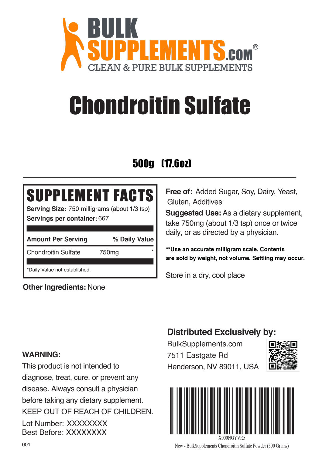Supplement Facts Chondroitin Sulfate 500 grams 17.6 ounces