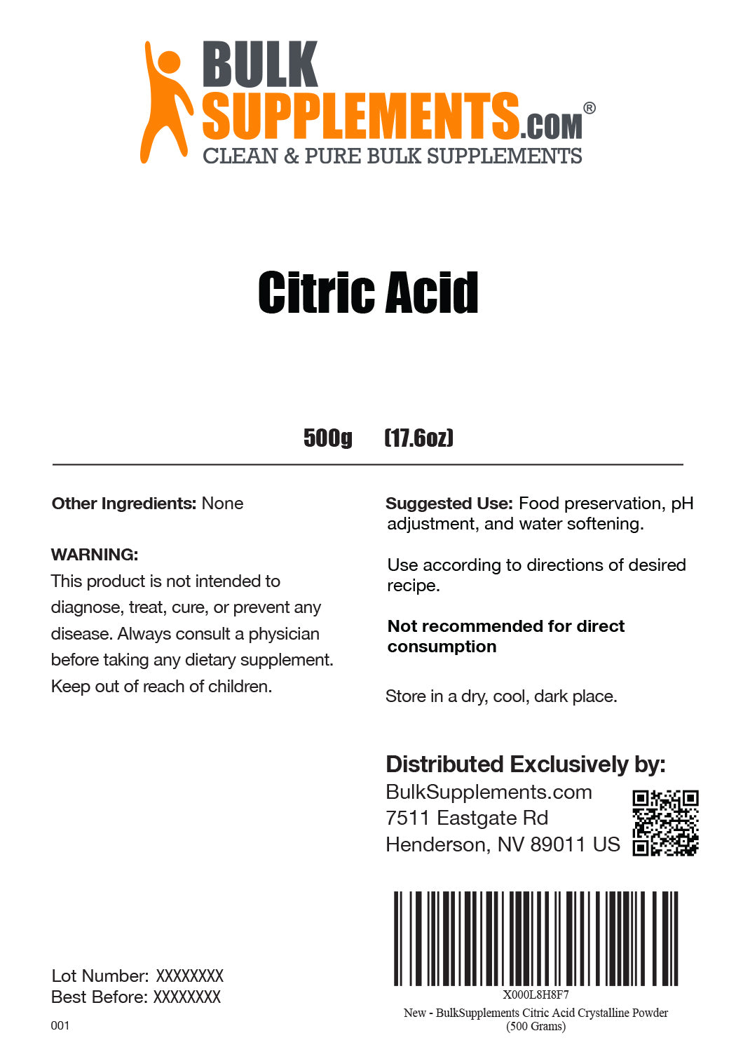 Suggested Uses for Citric Acid Powder not for consumption 500 grams 17.6 ounces