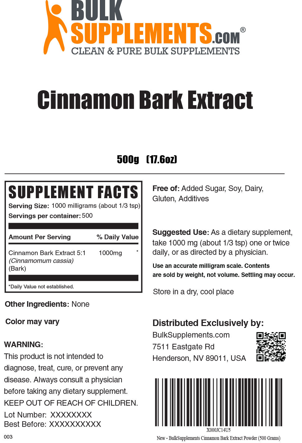 Supplement Facts Cinnamon Bark Extract 500 grams 17.6 ounces