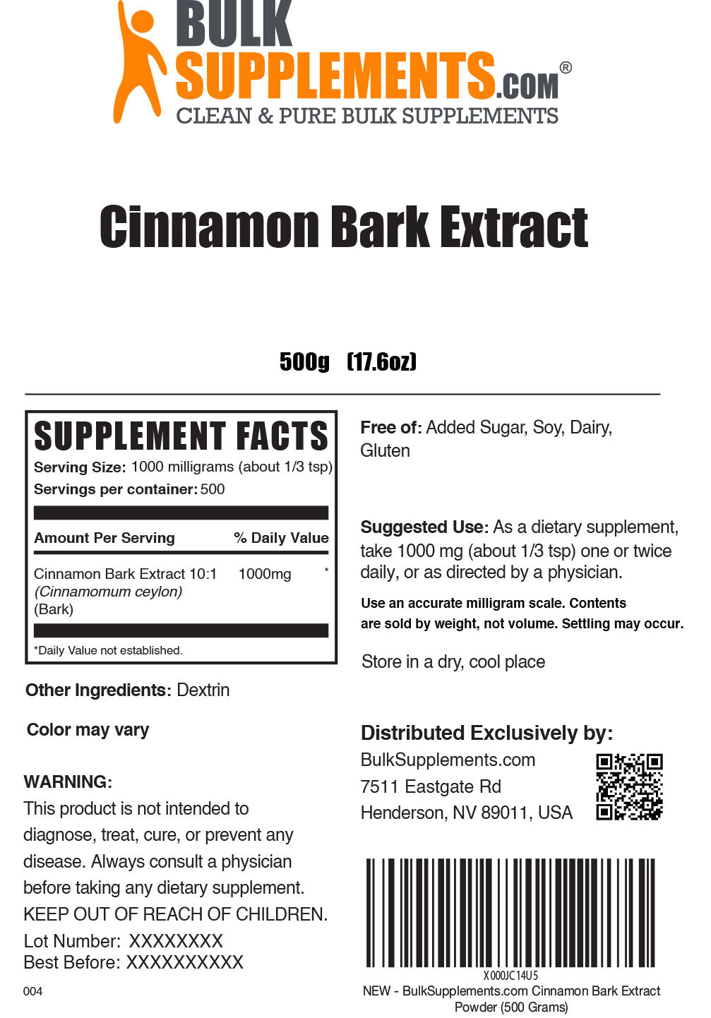 Supplement Facts Cinnamon Bark Extract 500 grams 17.6 ounces
