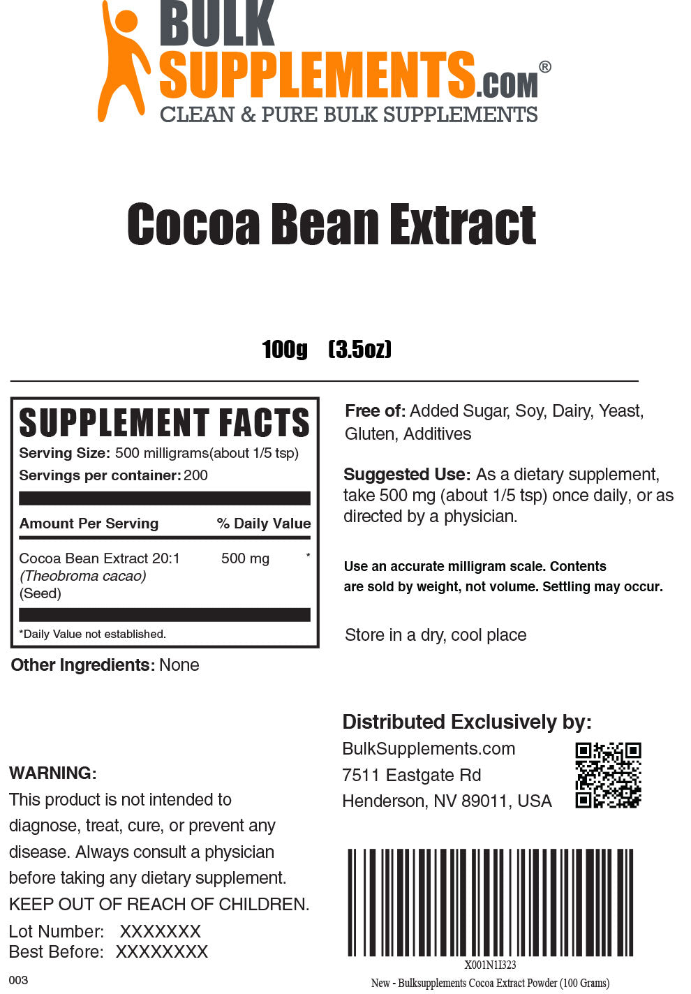 100g Cocoa Bean supplement facts label