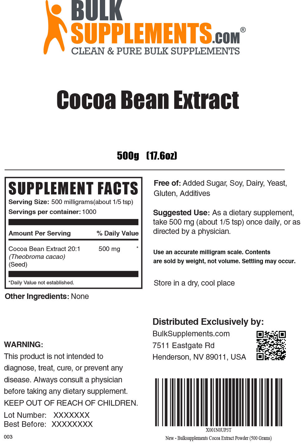 500g Cocoa Bean supplement facts label