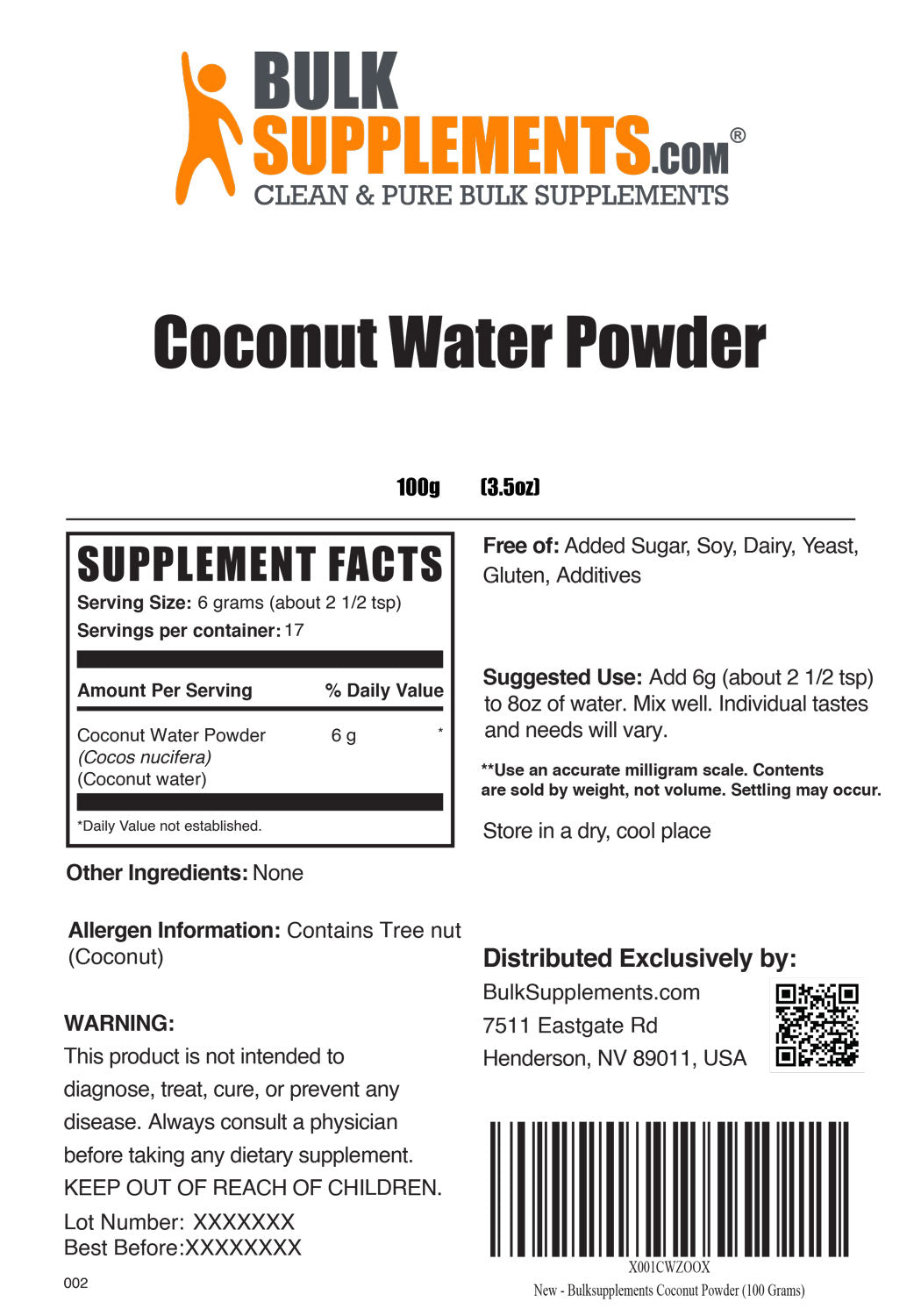 Supplement Facts Coconut Water Powder 100 grams 3.5 ounces