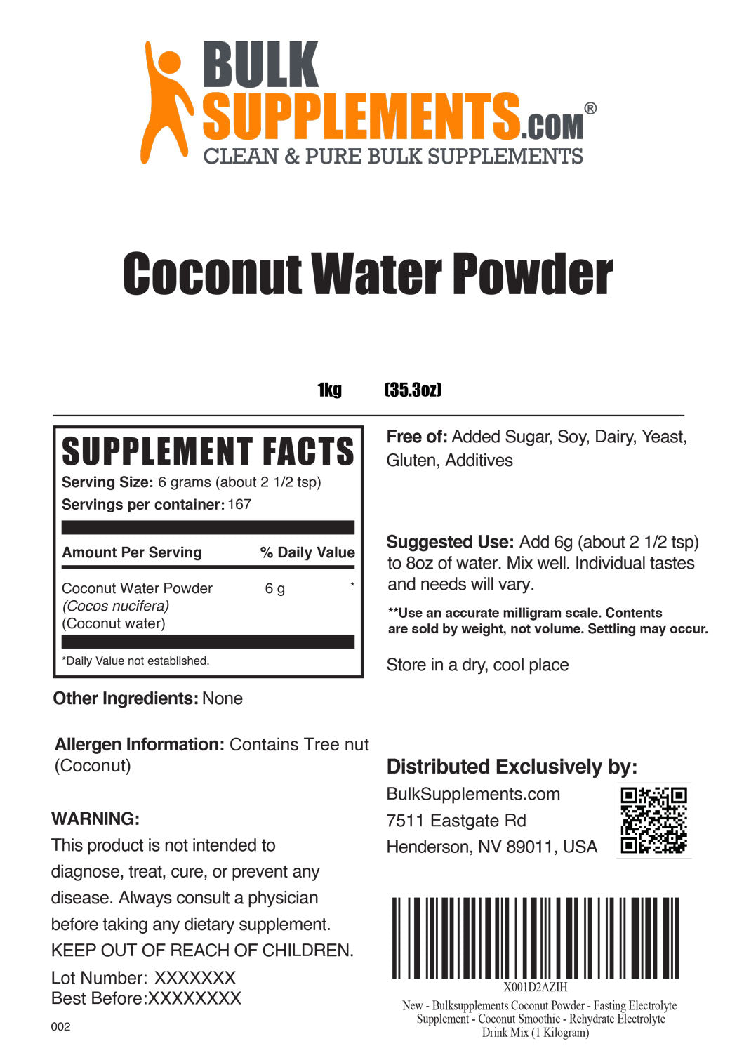 Supplement Facts Coconut Water Powder 1 Kilogram 35.3 ounces