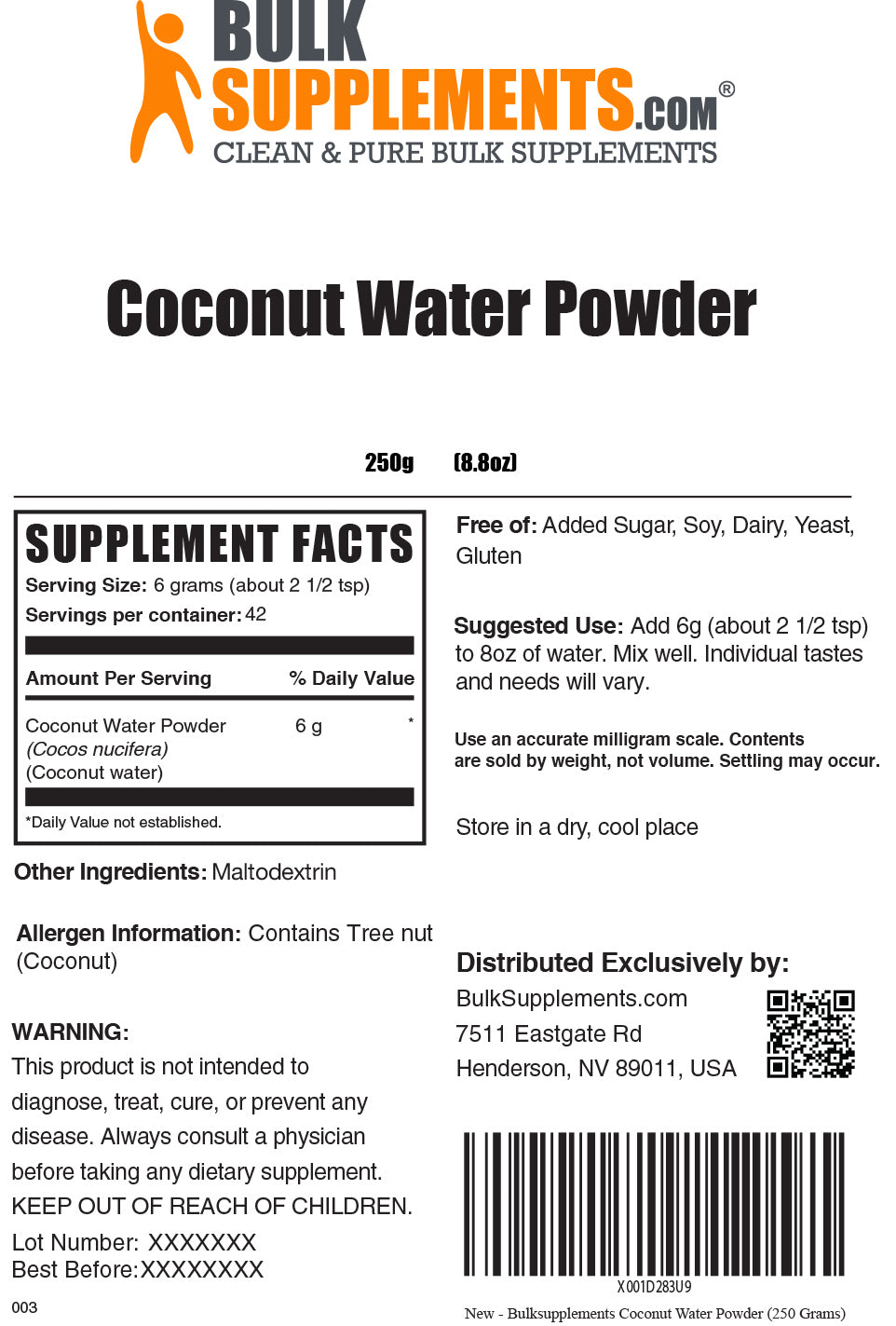Supplement Facts Coconut Water Powder 250 grams 8.8 ounces
