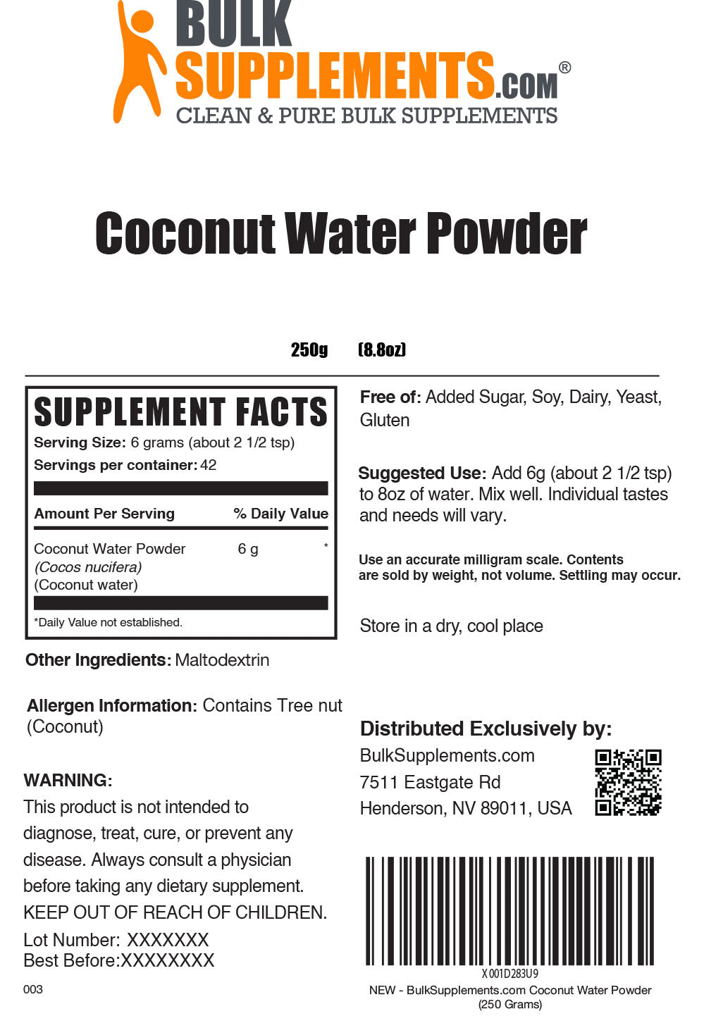 Supplement Facts Coconut Water Powder 250 grams 8.8 ounces